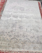 6x9 Hand-Knotted Oushak Rug, Modern Transitional Wool Area Rug, Neutral Beige & Slate Blue Turkish Style Muted Luxury Rug for Living room