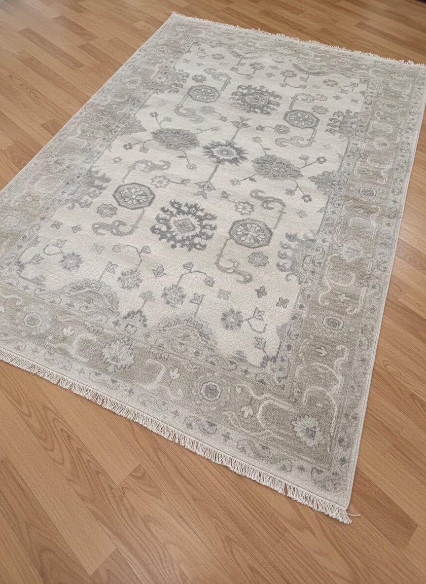 6x9 Hand-Knotted Oushak Rug, Modern Transitional Wool Area Rug, Neutral Beige & Slate Blue Turkish Style Muted Luxury Rug for Living room