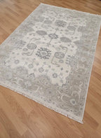 6x9 Hand-Knotted Oushak Rug, Modern Transitional Wool Area Rug, Neutral Beige & Slate Blue Turkish Style Muted Luxury Rug for Living room