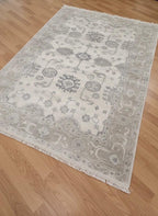 6x9 Hand-Knotted Oushak Rug, Modern Transitional Wool Area Rug, Neutral Beige & Slate Blue Turkish Rug Muted Luxury Rug for Living room