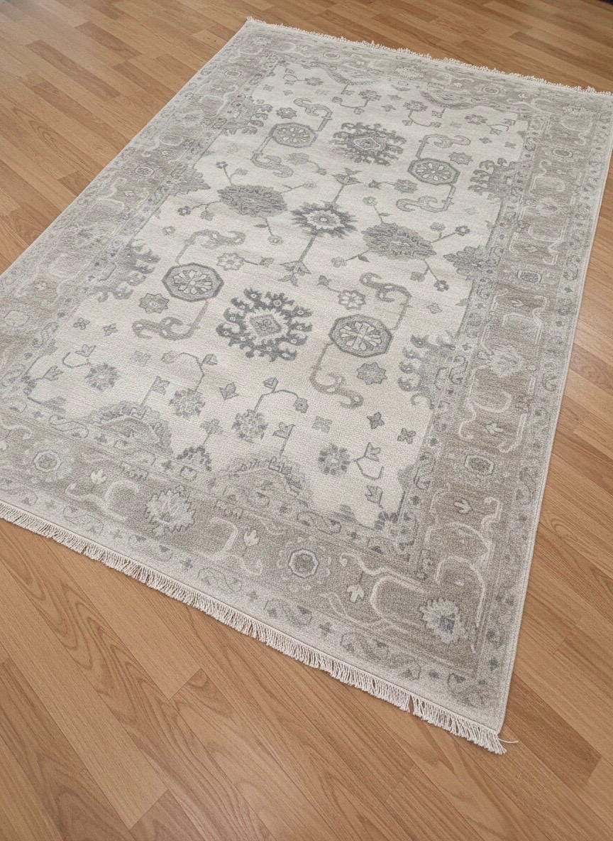 6x9 Hand-Knotted Oushak Rug, Modern Transitional Wool Area Rug, Neutral Beige & Slate Blue Turkish Rug Muted Luxury Rug for Living room