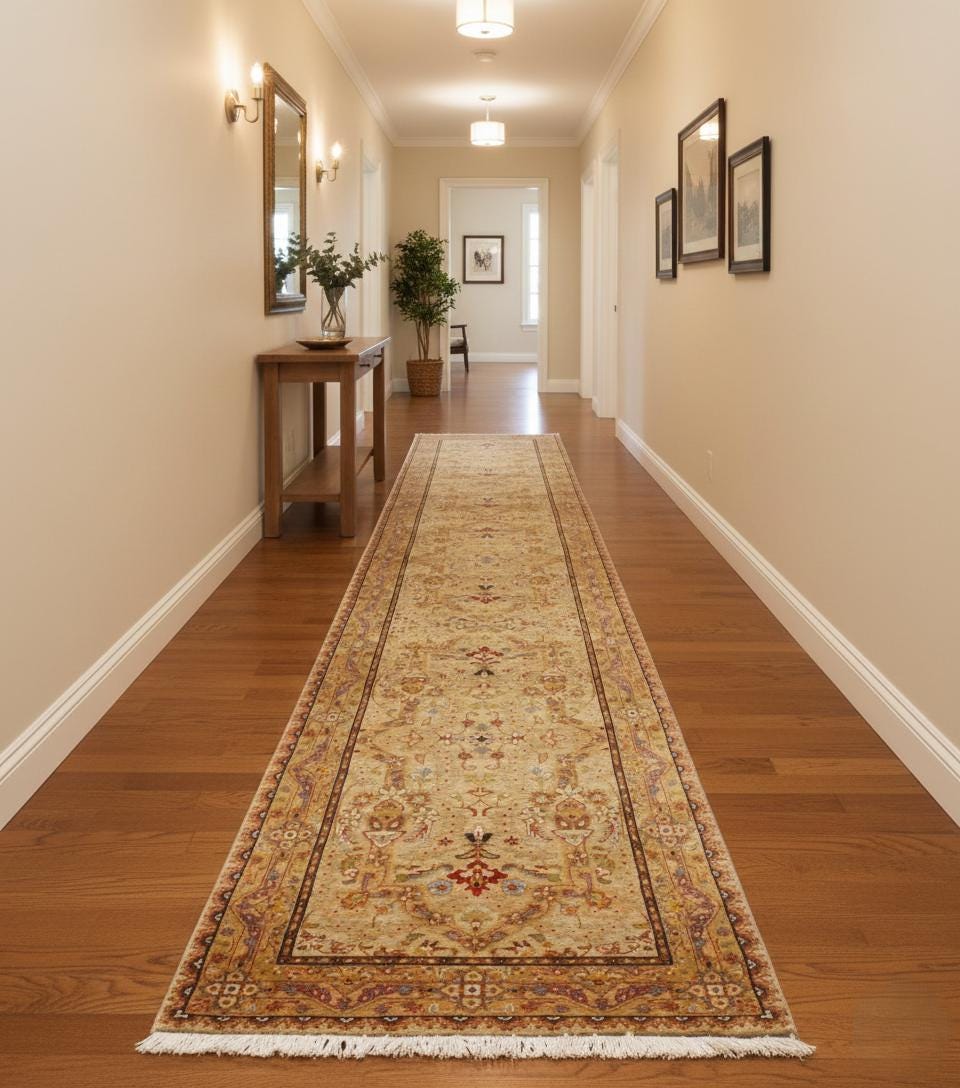 Hand-Knotted 2.7x11.10ft, 2.5x14.6 ft Gold Gold Oushak Wool Rug – Traditional Handmade, Vintage Style Medallion Runner