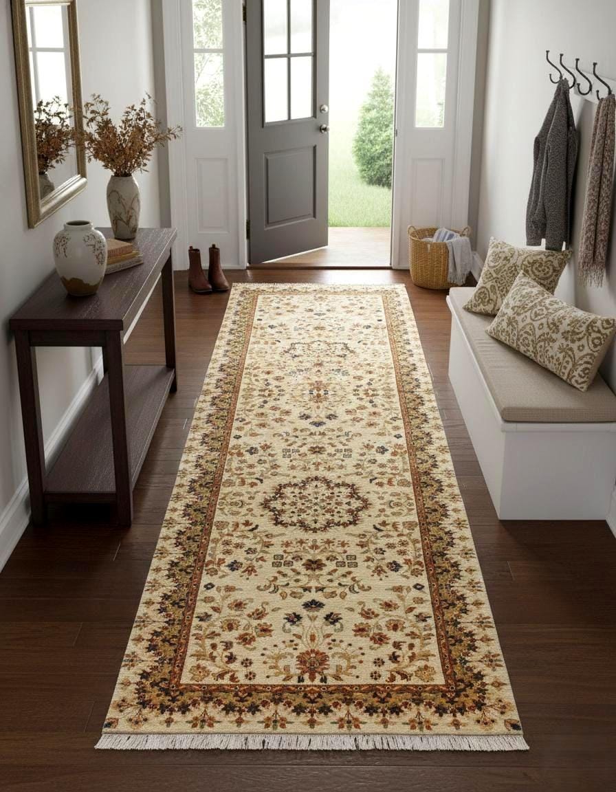 Luxurious Hand-Knotted 2.7x10 ft Wool Traditional Cream & Terracotta Vintage Aesthetic Long Runner Rug for Entryway, hallway or Stairs