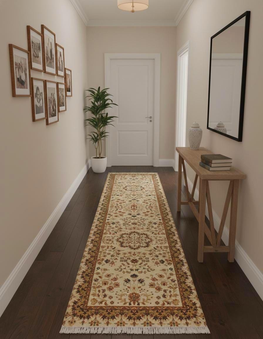 Luxurious Hand-Knotted 2.7x10 ft Wool Traditional Cream & Terracotta Vintage Aesthetic Long Runner Rug for Entryway, hallway or Stairs