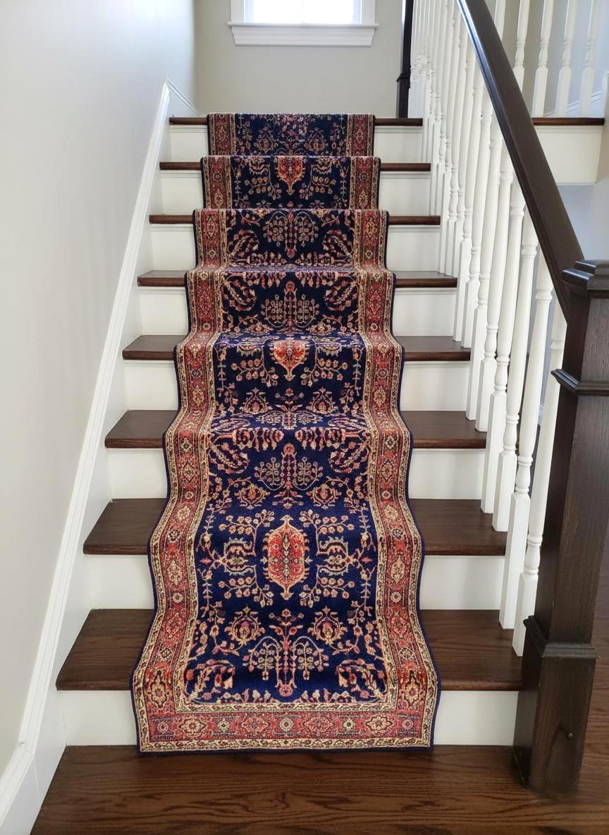 Exquisite 2.6x8.3 ft Hand-Knotted Wool Persian Runner–Deep Royal Blue Madder Red for entryway, hallway, kitchen, stairs vintage decor runner
