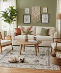 9x12 ft Large Hand-Knotted Wool Area Rug - Distressed Modern Transitional Floral Rug - Neutral Cream & Charcoal Rug for Living Room, Bedroom