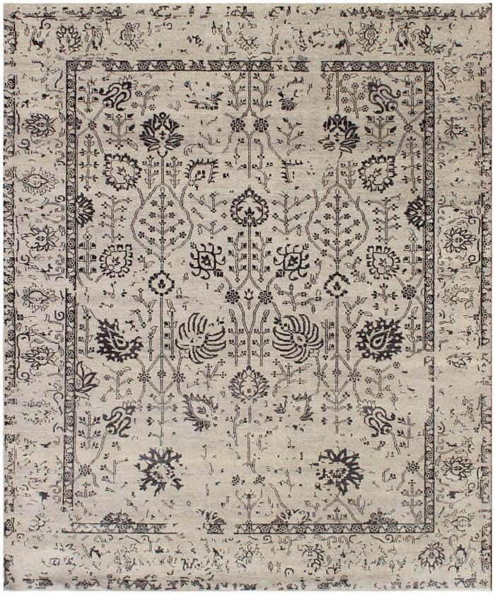 9x12 ft Large Hand-Knotted Wool Area Rug - Distressed Modern Transitional Floral Rug - Neutral Cream & Charcoal Rug for Living Room, Bedroom