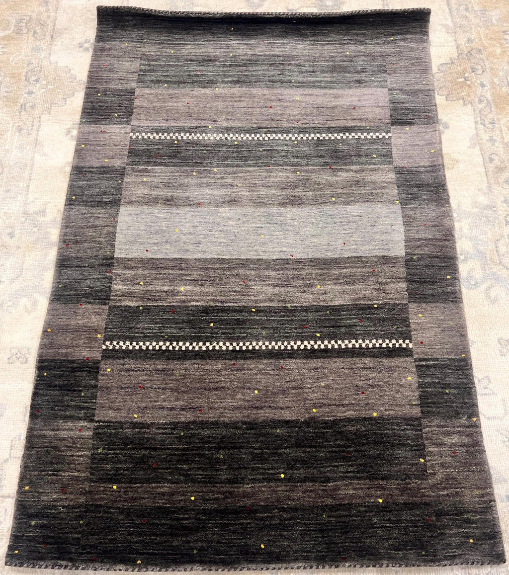 Modern Charcoal Gabbeh Rug 3x5 ft - Hand Knotted Wool Rug - Gray & Black Abstract Transitional Area Rug - Minimalist Tribal Decor