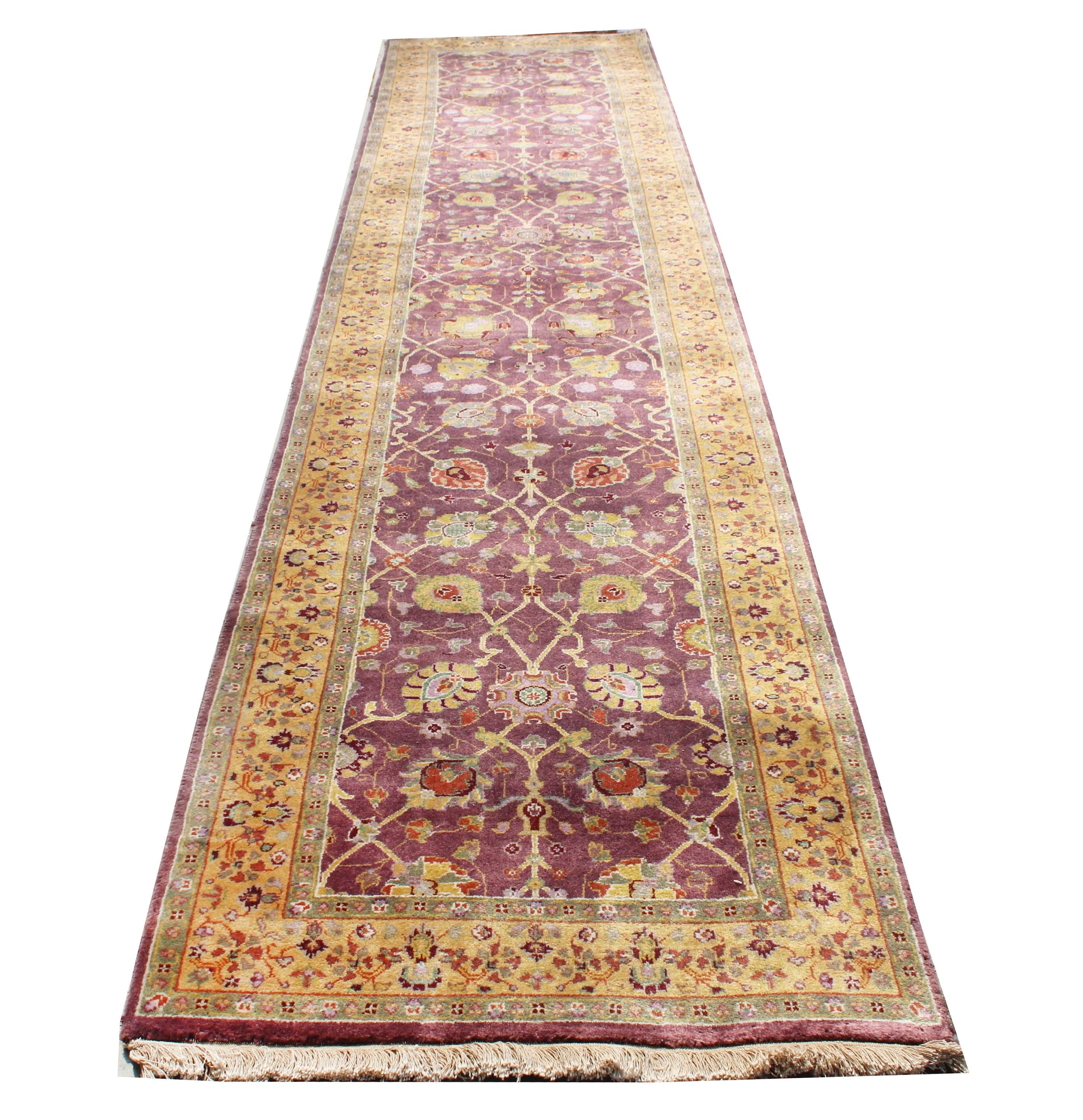 Antique Style Purple Gold Oushak Runner 3x11 Rug Hand-Knotted Wool Hallway Runne 2.6x11.2 ft Large Kitchen, hallway Runner Muted Turkish Rug