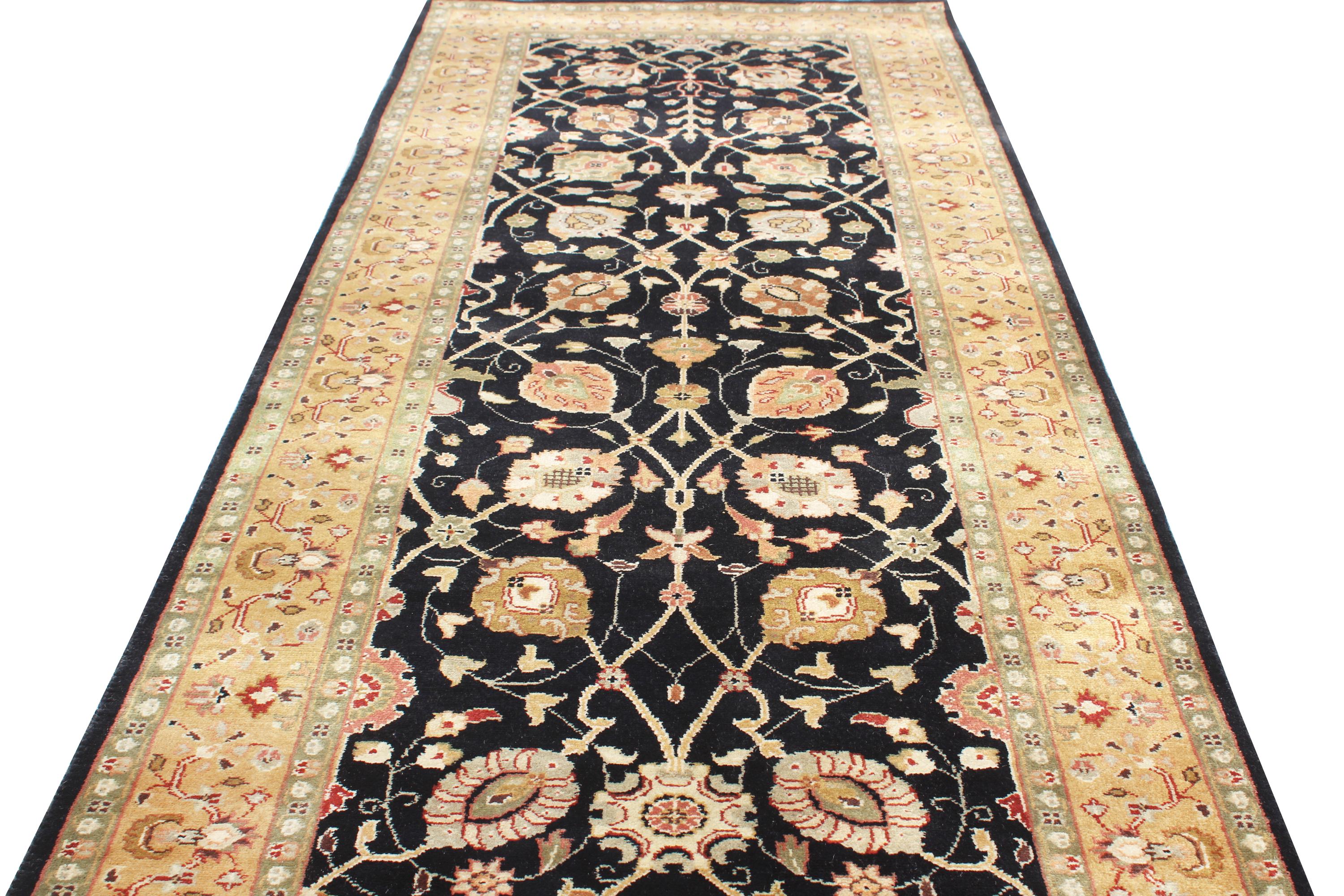 Hand Knotted New Zealand Wool Runner Rug – Traditional oriental Style, Black & Gold, 2.6x12.1 ft