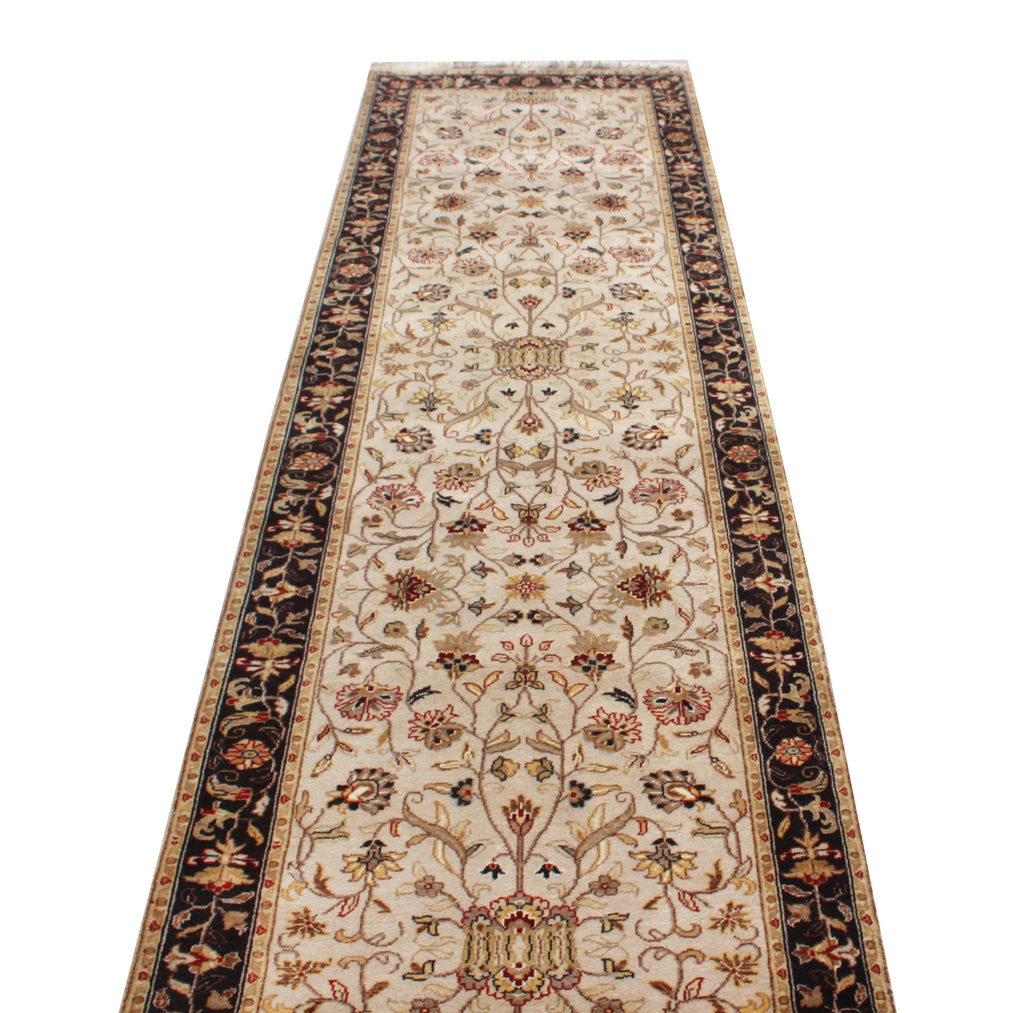 Hand-Knotted 12 ft ft Beige Black traditional Wool Runner Rug, Vintage Style Medallion Runner