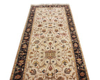 Hand-Knotted 12 ft ft Beige Black traditional Wool Runner Rug, Vintage Style Medallion Runner