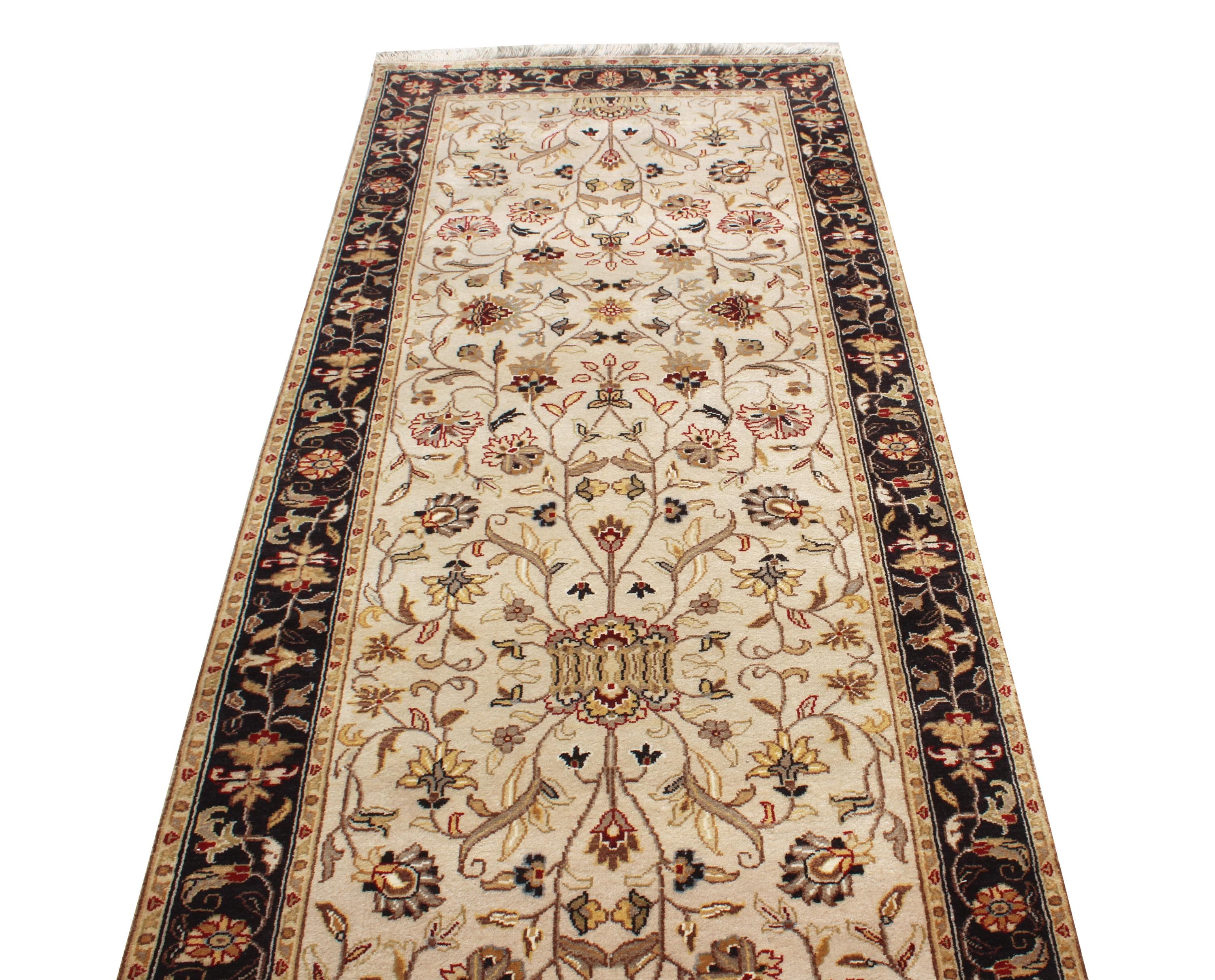 Hand-Knotted 2.8x11.7 ft Beige Black traditional Wool Runner Rug, Traditional Handmade, Vintage Style Medallion Runner for hallway, entryway