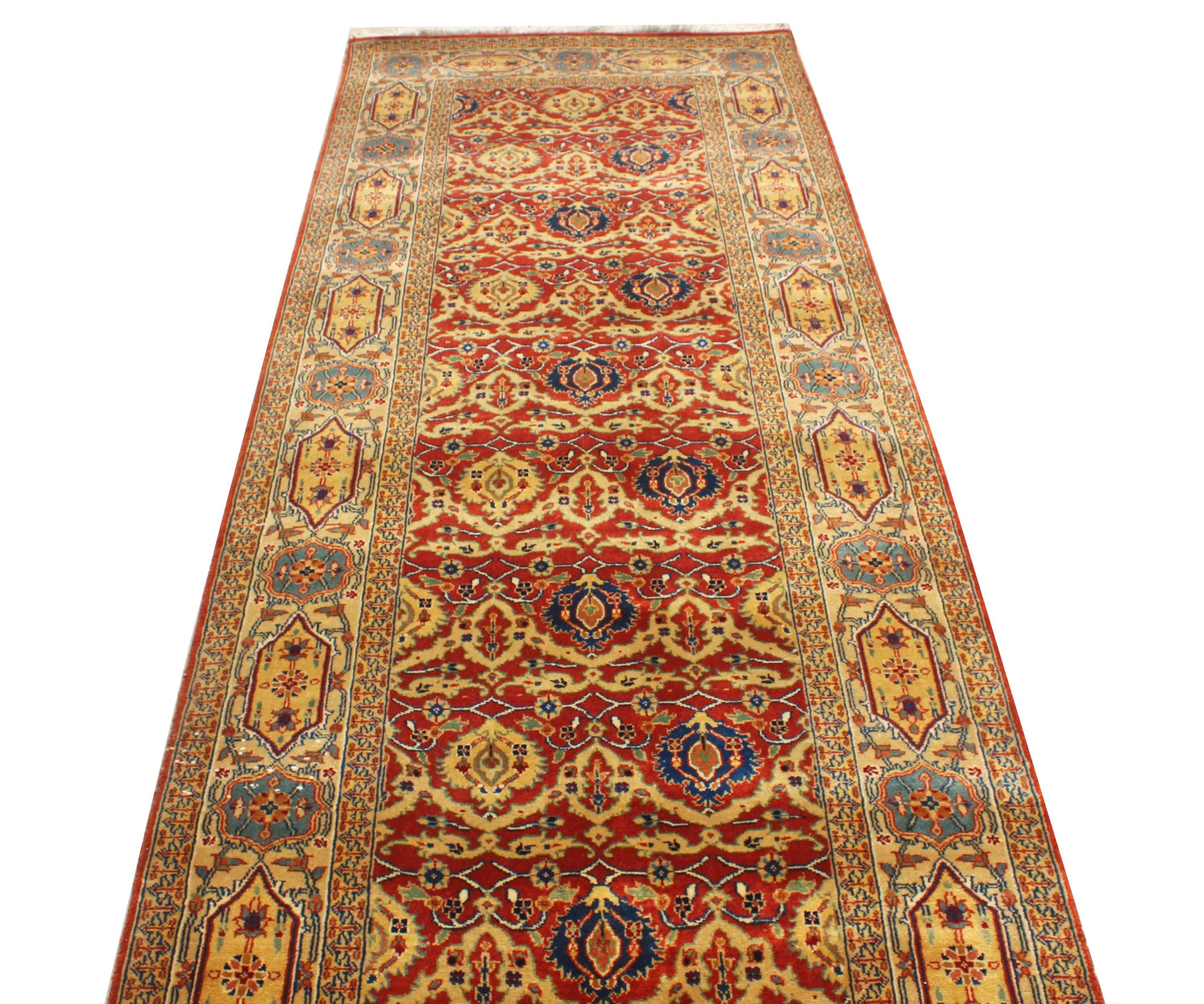 3x14 Extra Long Persian Runner Rug, Hand Knotted Wool Hallway Carpet, Traditional Red Blue Gallery Rug, 3.3x14.2 ft Antique Style Runner