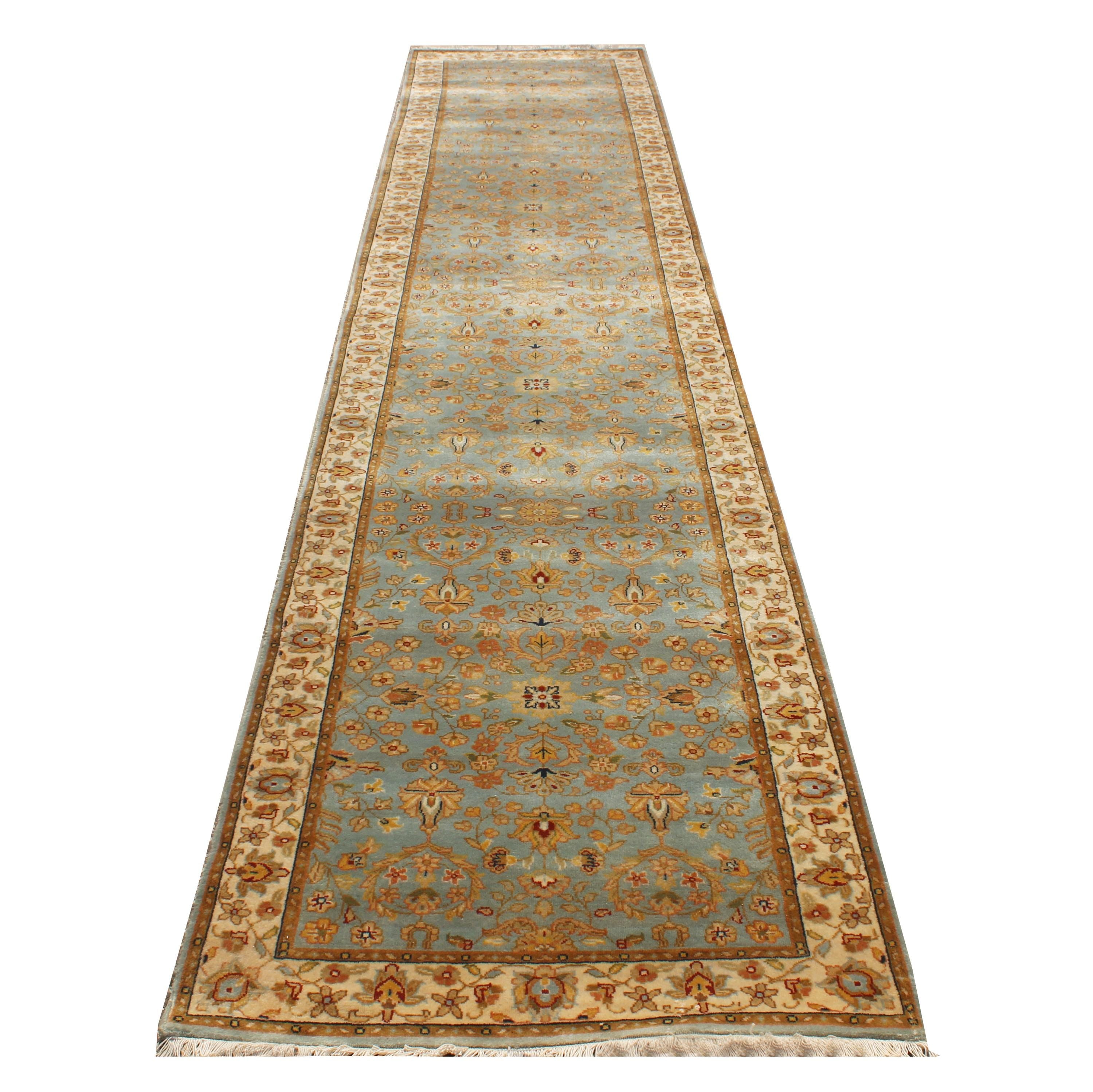 Hand Knotted Wool Stair Runner 3x13 Vintage Persian Style Hallway Rug, Sage Green Blue Oriental Long Runner, Transitional Entryway Carpet