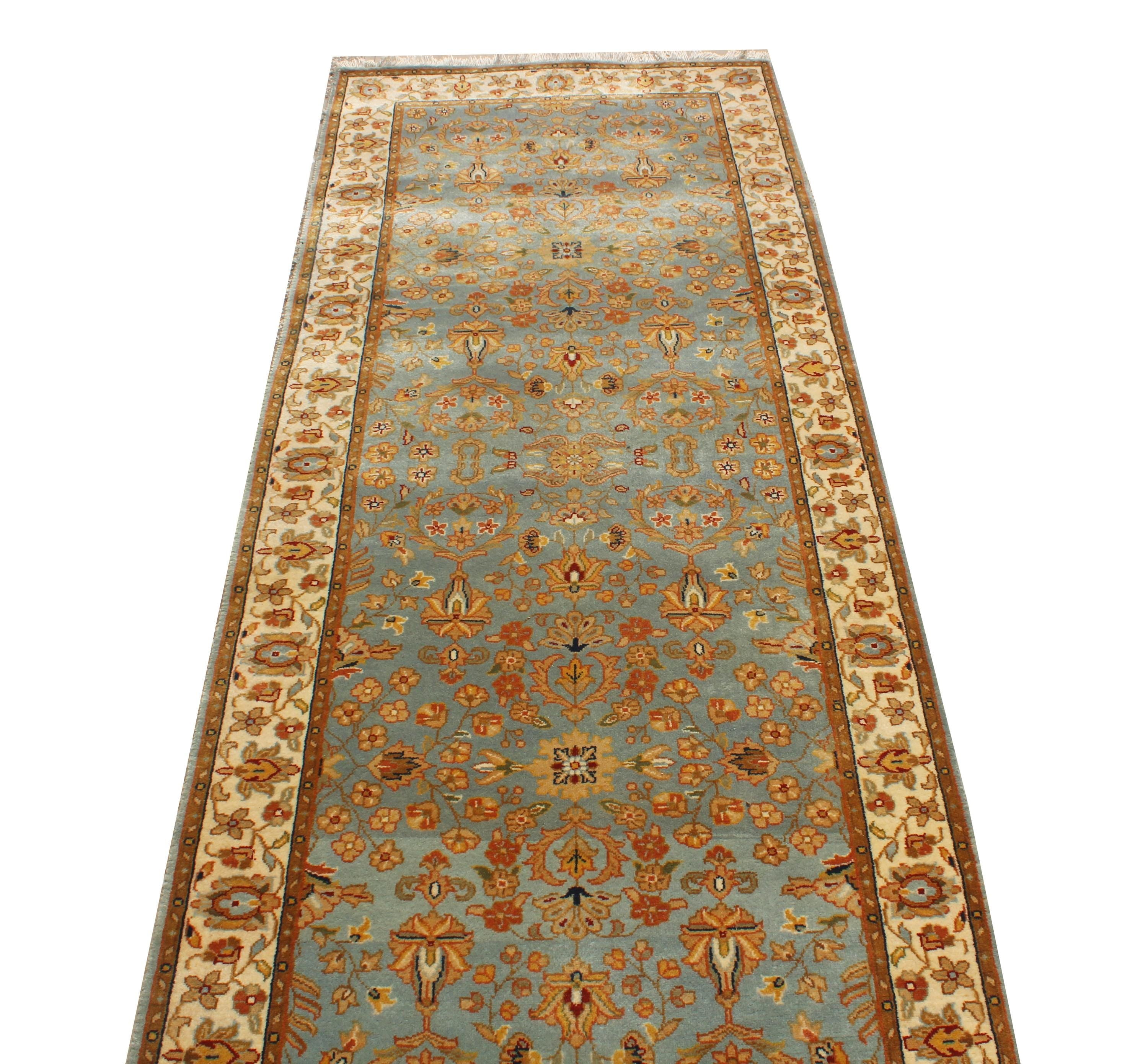 Hand Knotted Wool Stair Runner 3x13 Vintage Persian Style Hallway Rug, Sage Green Blue Oriental Long Runner, Transitional Entryway Carpet