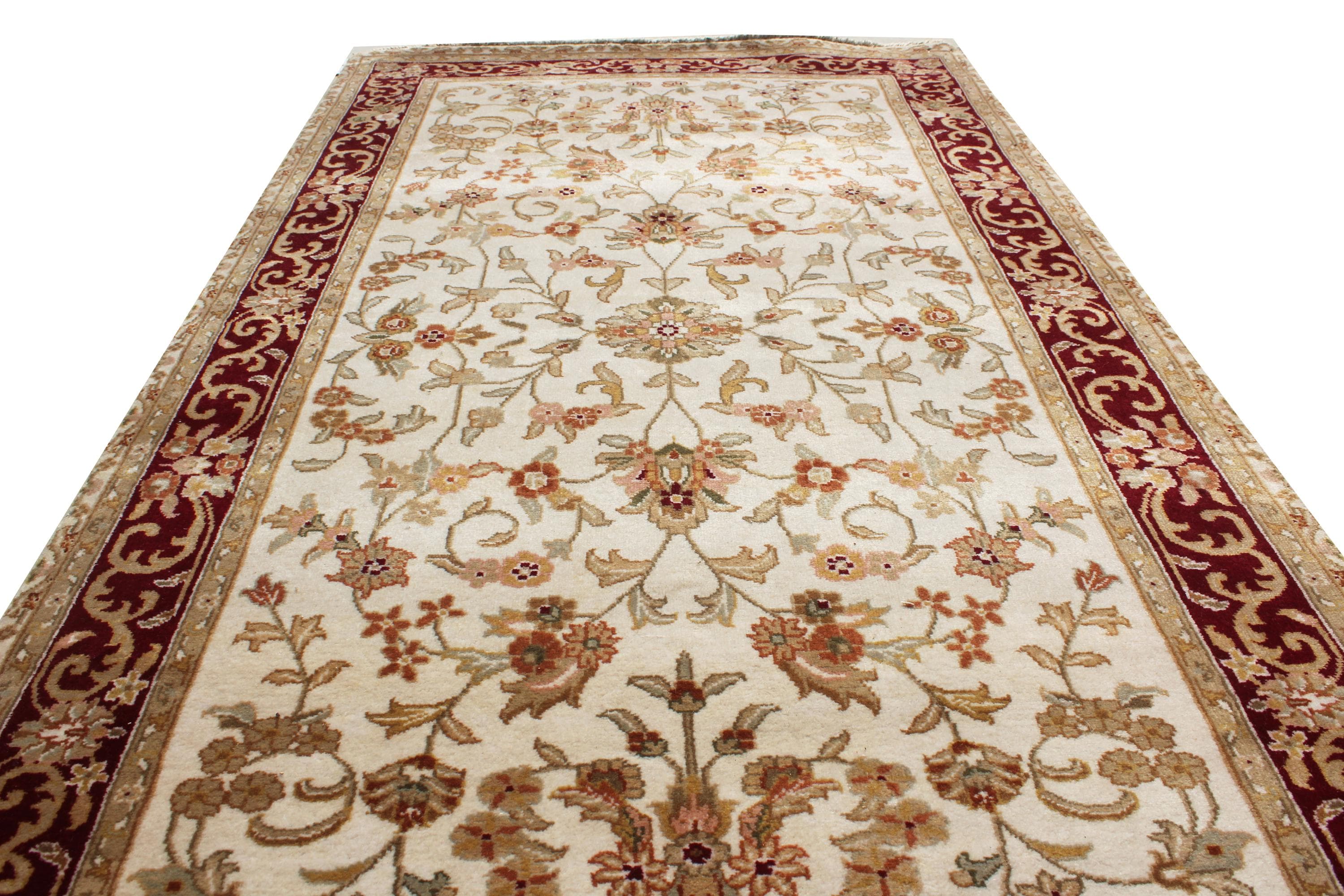 Extra Long Hand Knotted 3x10  Wool Runner Rug, Traditional Persian cream & burgundy Vintage Style Oriental Hallway, Stairs, Entryway Runner