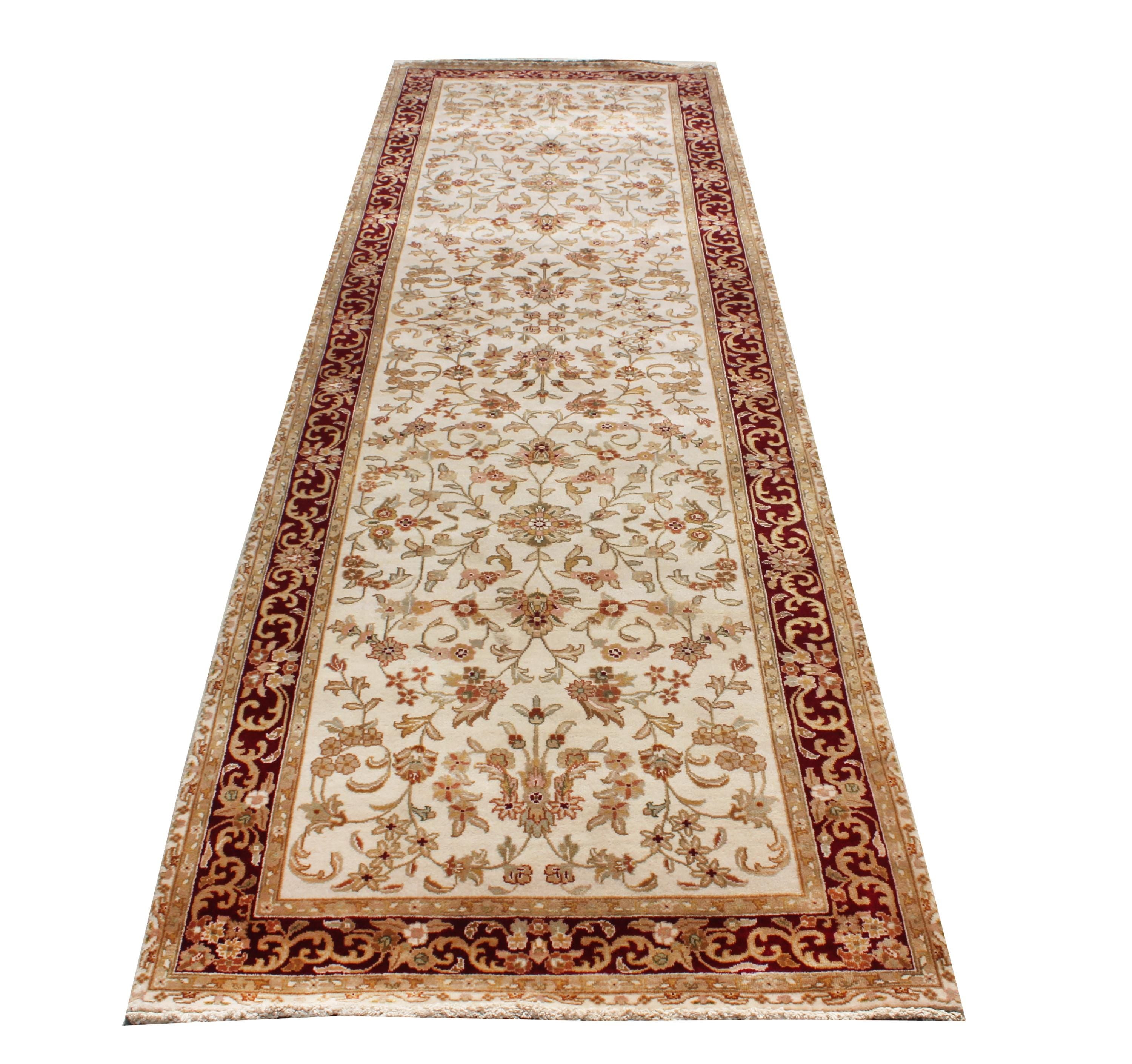 Extra Long Hand Knotted 3x10  Wool Runner Rug, Traditional Persian cream & burgundy Vintage Style Oriental Hallway, Stairs, Entryway Runner