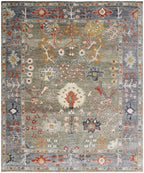 Bohemian Sage & Denim Hand-Knotted Oushak Wool Rug for living room