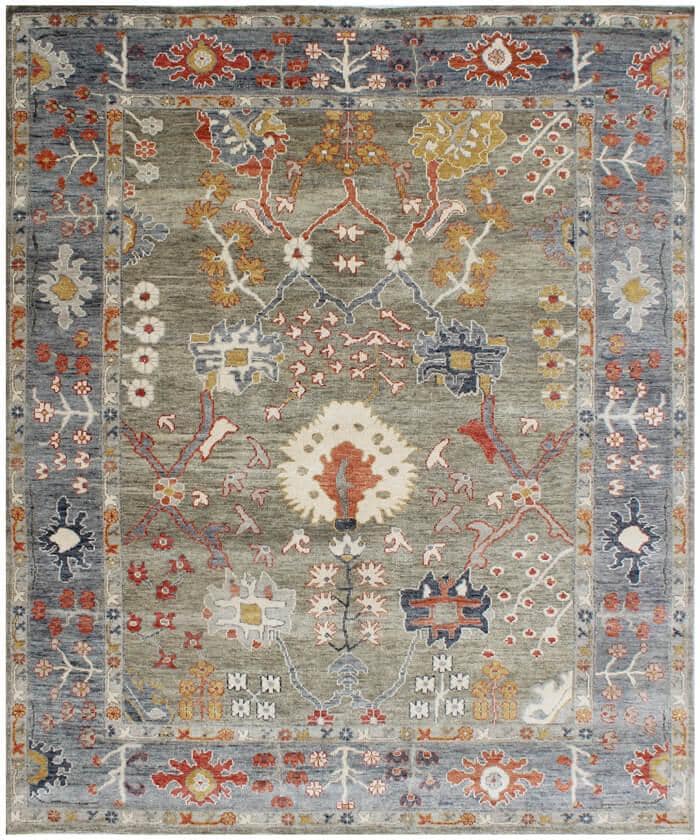 Bohemian Sage & Denim Hand-Knotted Oushak Wool Rug for living room