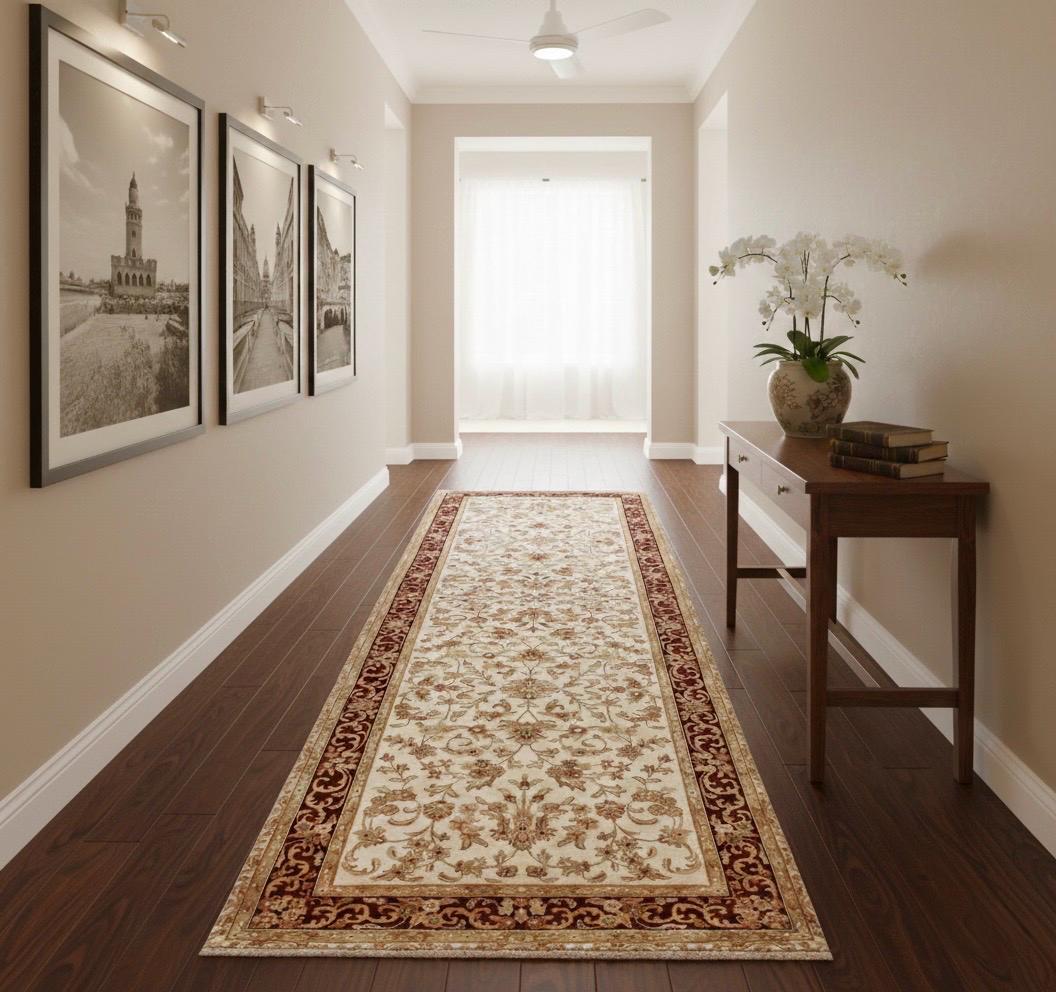 Extra Long Hand Knotted 3x10  Wool Runner Rug, Traditional Persian cream & burgundy Vintage Style Oriental Hallway, Stairs, Entryway Runner