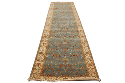 16 ft Hand Knotted Wool Runner Rug, Extra Long Blue & Terracotta Persian Hallway Runner, 3x16 Traditional Floral Oushak Rug for Entryway