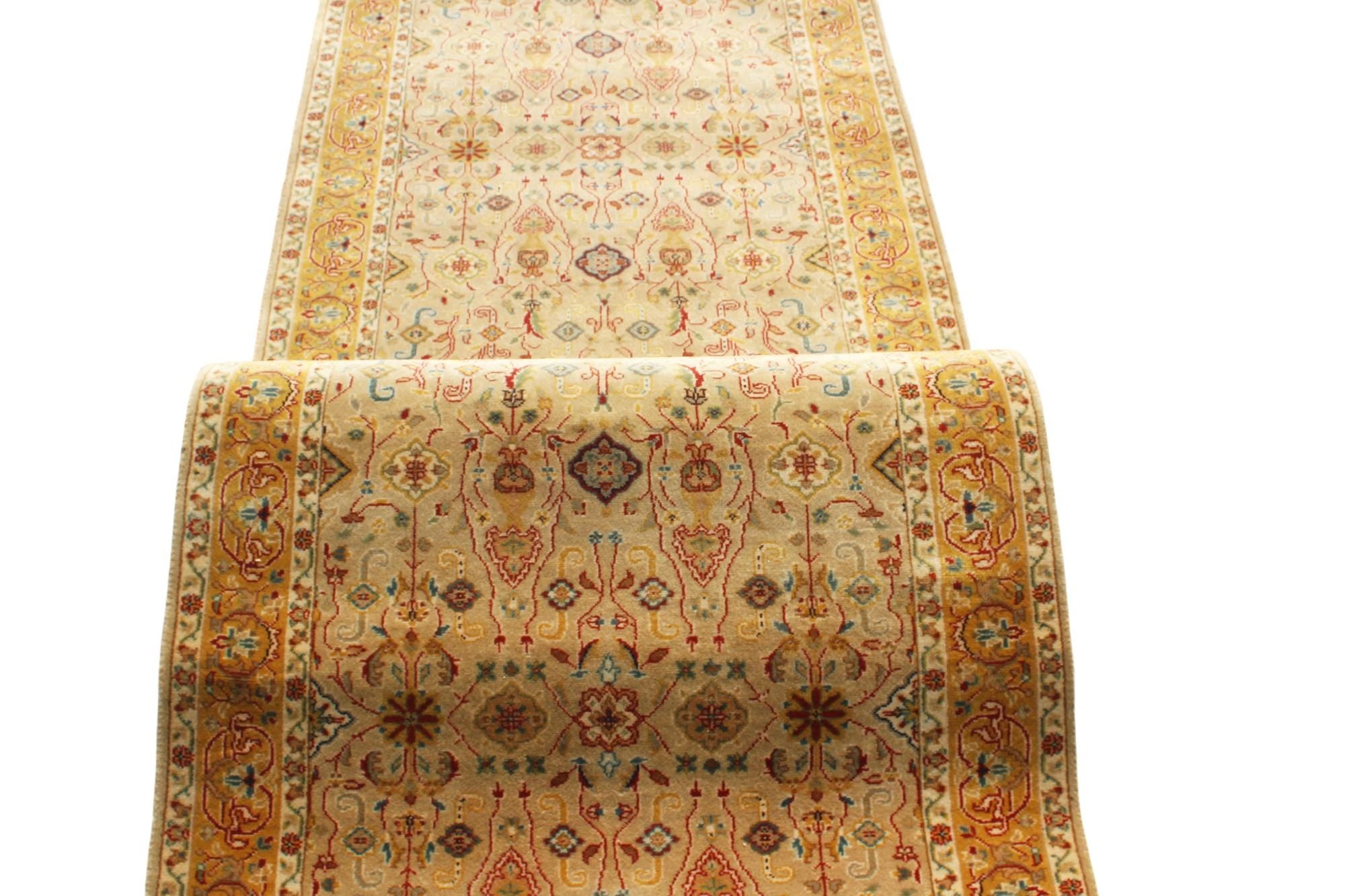Handmade Wool Stair Runner 2.11x13 ft, Antique Oushak Style Turkish Hallway Rug, Hand Knotted Terracotta Floral Long Rug, Wide Stair Carpet