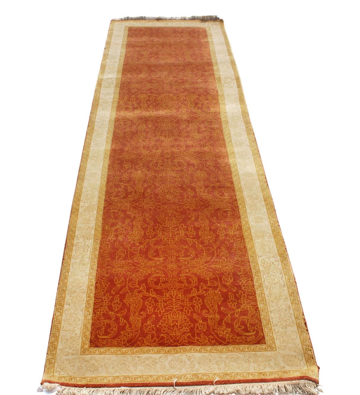 Luxurious 2.7x8.9 ft Handknotted Wool Runner, Premium Quality, Hallway & Entryway red orange Accent Rug, traditional Persian Design