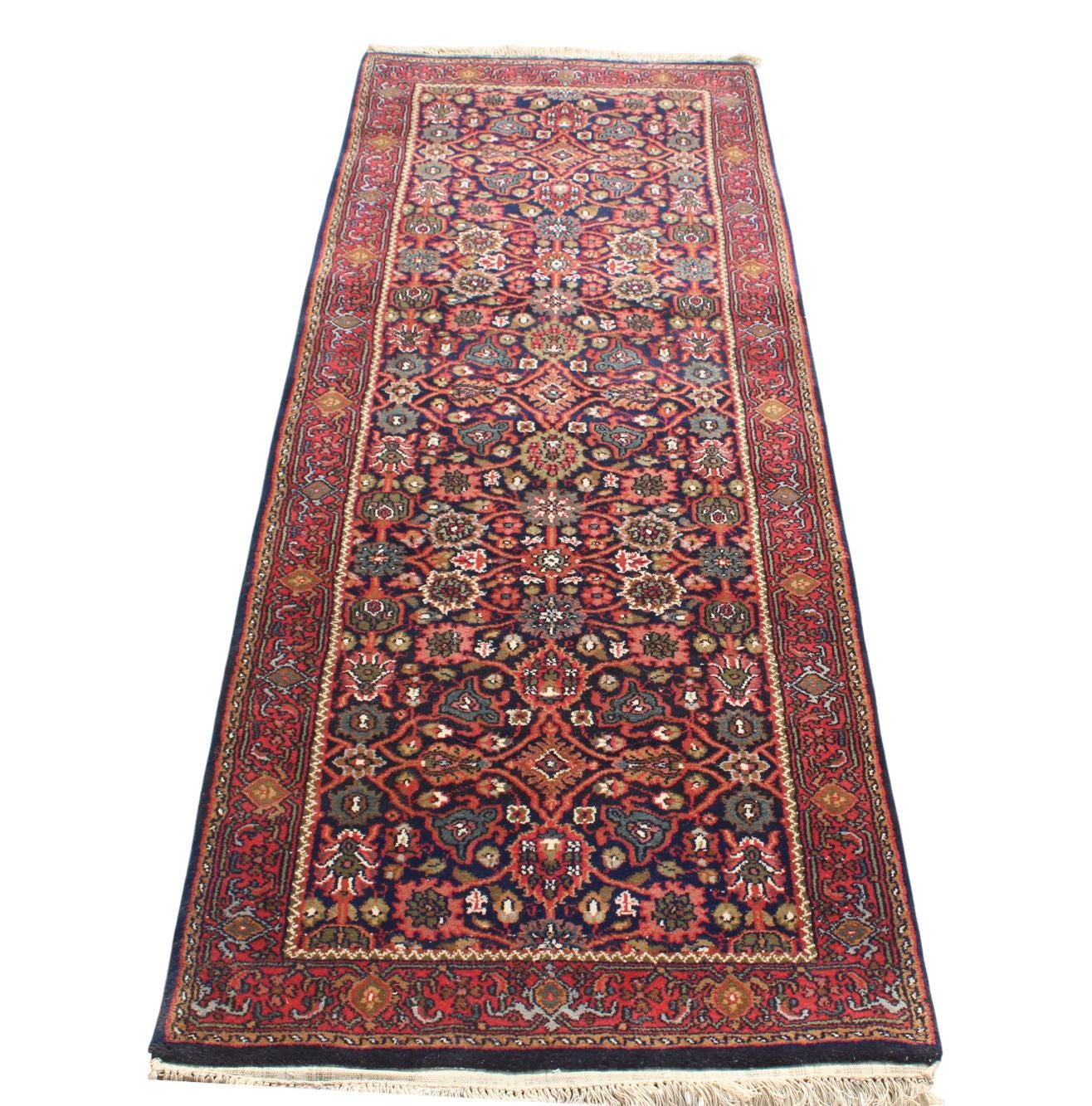 Antique Persian Wool Runner Rug 2.5x6.2 ft | Hand-Knotted Vintage Hallway Entryway Kitchen Rug | Dark Red & Navy Floral runner
