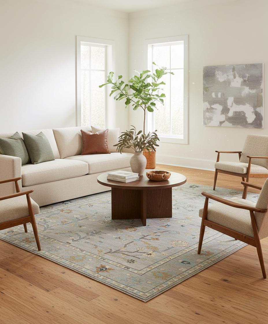 Hand Knotted Wool Rug - Muted Oushak Area Rug, Silver & Sage Green Floral Carpet, Traditional Turkish Style Rug for Living Room, Bedroom