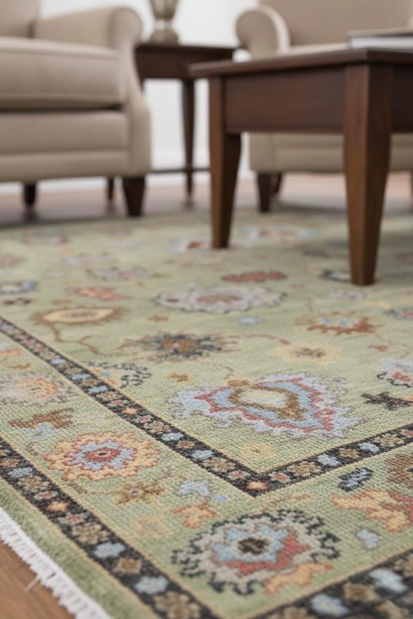 Hand Knotted Sage Green Oushak Rug, Large Floral Wool Area Rug, Muted Neutral Turkish Style Carpet for Living Room, 5x8, 6x9,8x10 9x12 10x14