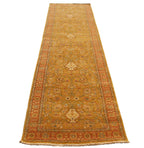 10 Ft Traditional Runner, Gold Wool Rug, Vintage Floral Persian Style Hallway Carpet