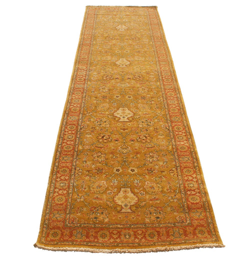 10 Ft Traditional Runner, Gold Wool Rug, Vintage Floral Persian Style Hallway Carpet