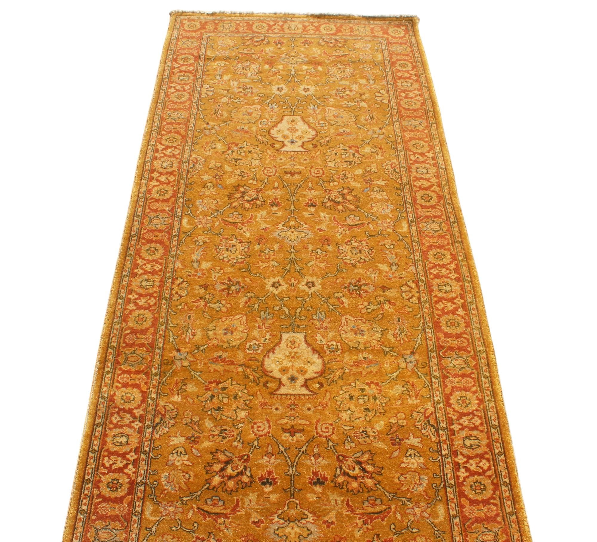 Hand Knotted 2.9x9.10 Ft Traditional Runner, Gold Wool Rug, Vintage Floral Persian Style Hallway Carpet, Luxury Long Kitchen Runner Rug