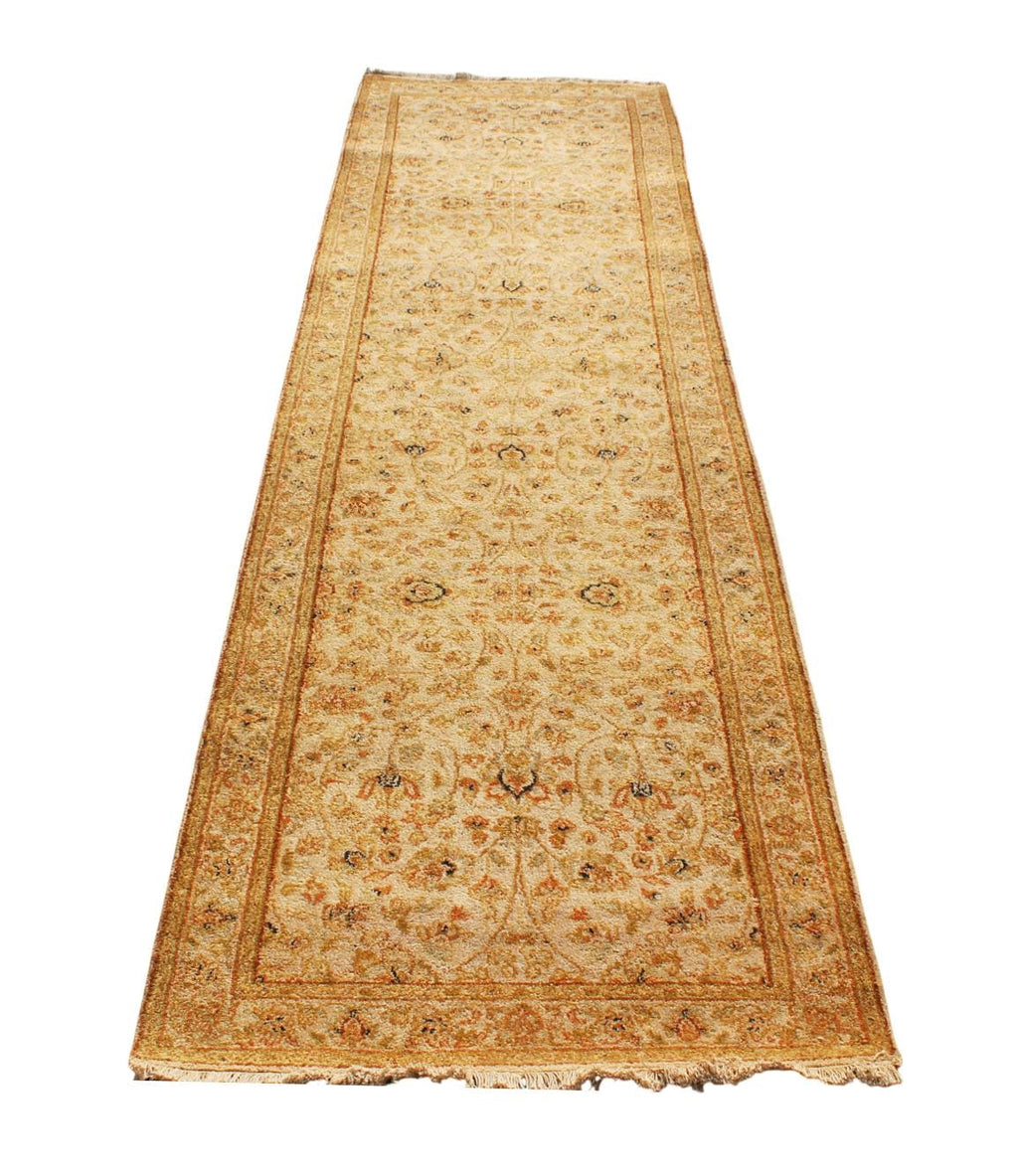 10 ft Vintage Runner Hand Knotted Wool Rug, Neutral Muted Beige Turkish Runner for Hallway, Entryway