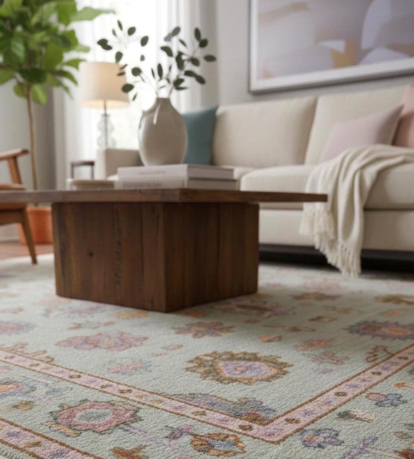 Muted Pastel Oushak Rug, Hand-Knotted Wool Area Rug, Sage Green Traditional Turkish Style Rug, Custom Sizes: 4x6,5x8, 6x9, 8x10, 9x12, 10x14