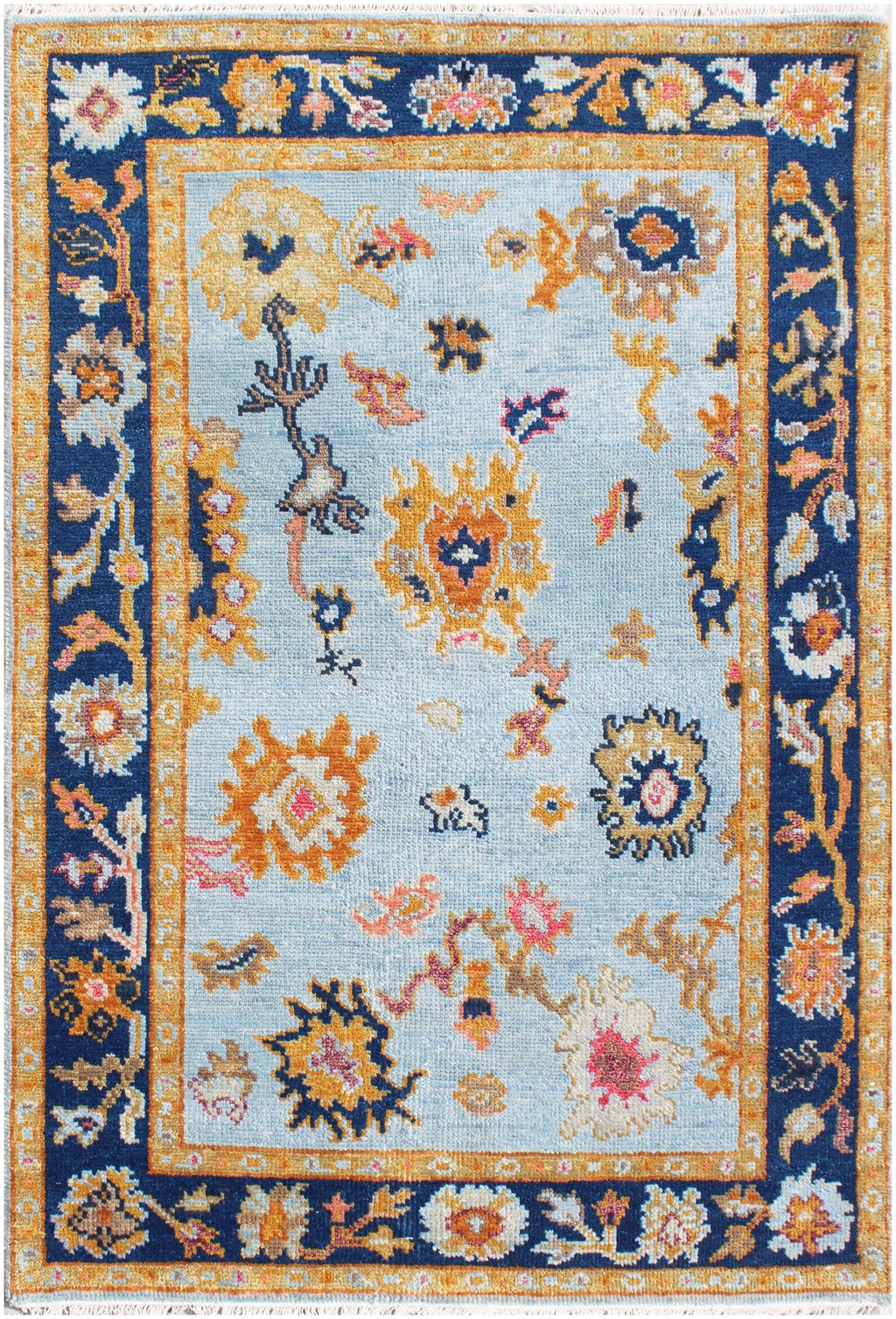 Hand Knotted Oushak Rug Blue & Gold Turkish Wool Area Rug