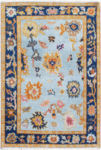 Hand Knotted Oushak Rug Blue & Gold Turkish Wool Area Rug