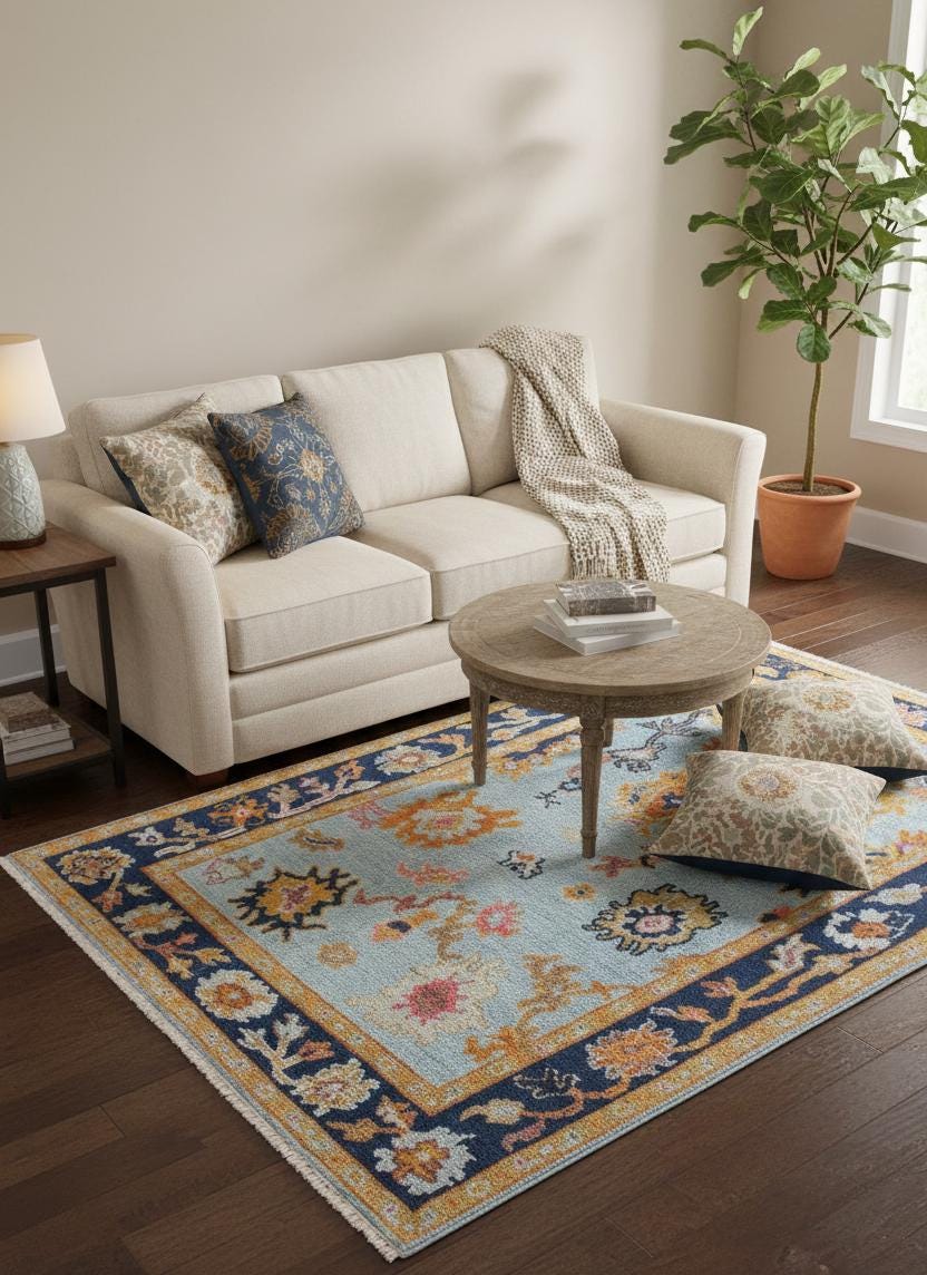 Hand Knotted Oushak Rug Blue & Gold Turkish Wool Area Rug