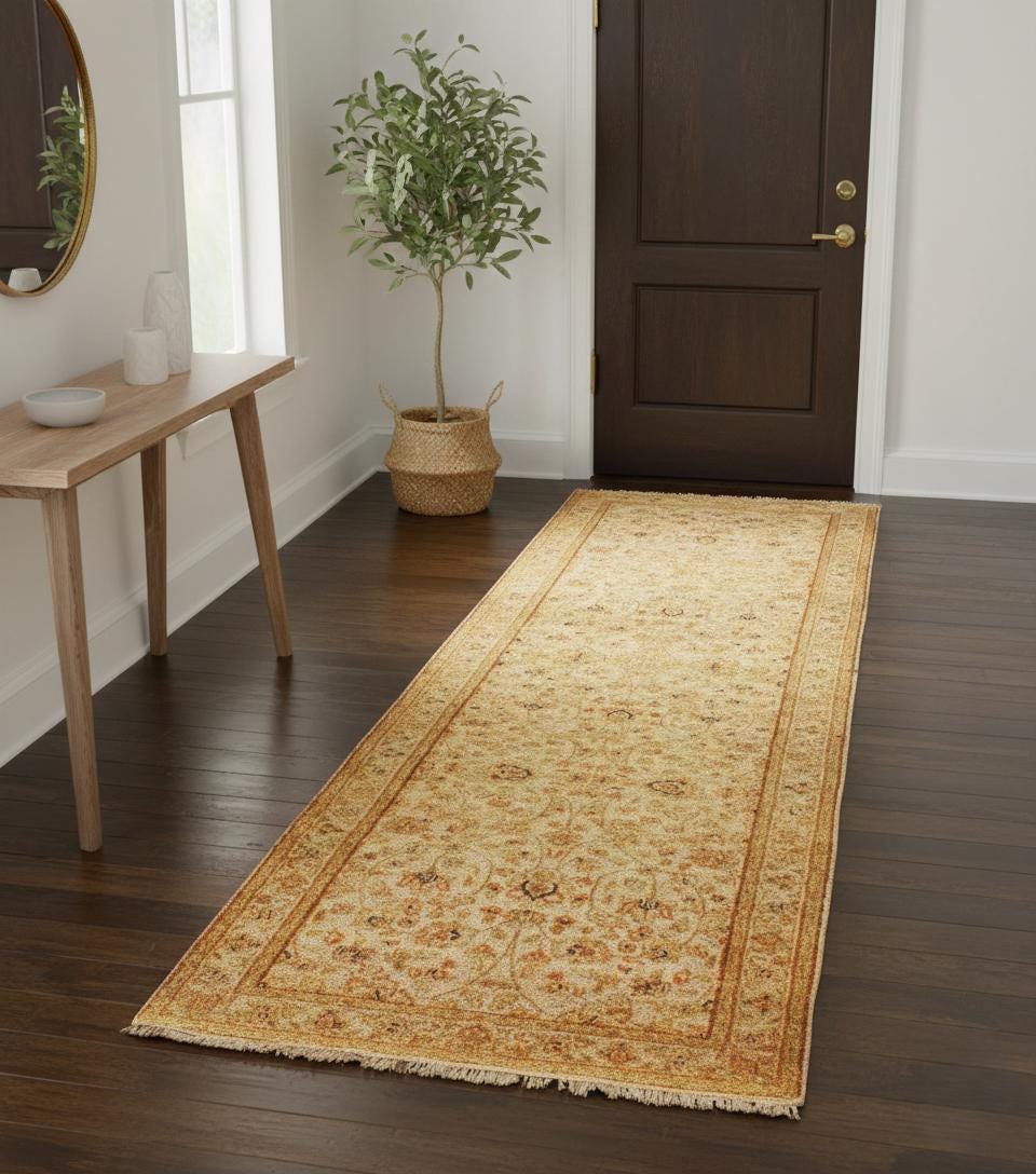 10 ft Vintage Runner Hand Knotted Wool Rug, Neutral Muted Beige Turkish Runner for Hallway, Entryway