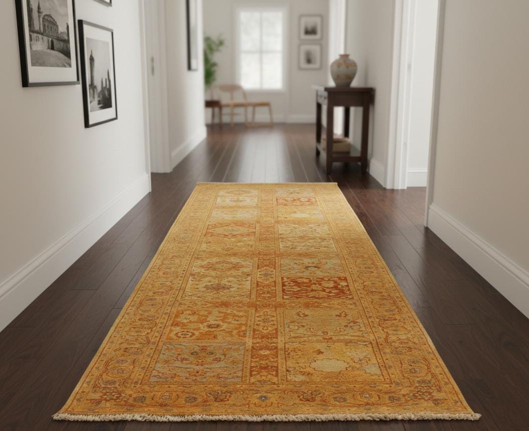 2.10x9.7 ft Traditional Rug Runner, Hand Knotted Wool Hallway Rug, Muted Gold Orange Vintage Style Gallery Rug, Extra Long Kitchen Runner