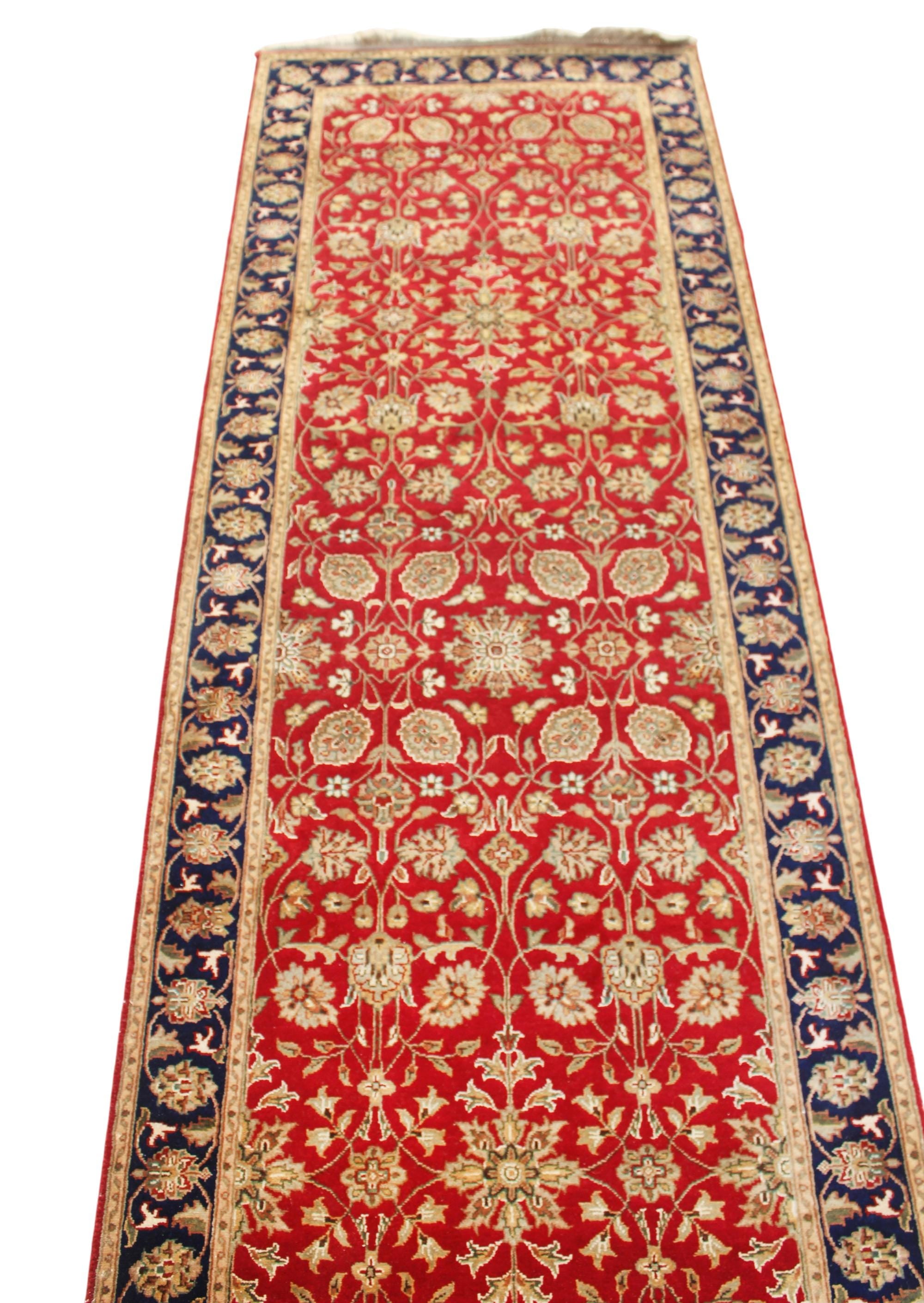 Exquisite 2.7x11 Red & Gold Floral Wool Runner -- Persian Style Entryway Decor