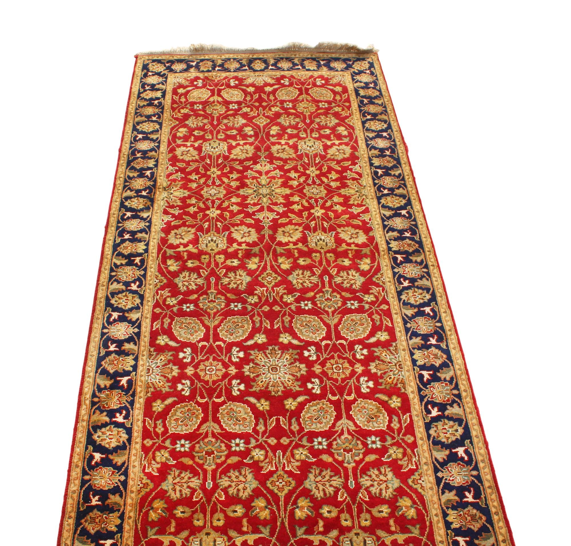 Exquisite 2.7x11 Red & Gold Floral Wool Runner -- Persian Style Entryway Decor