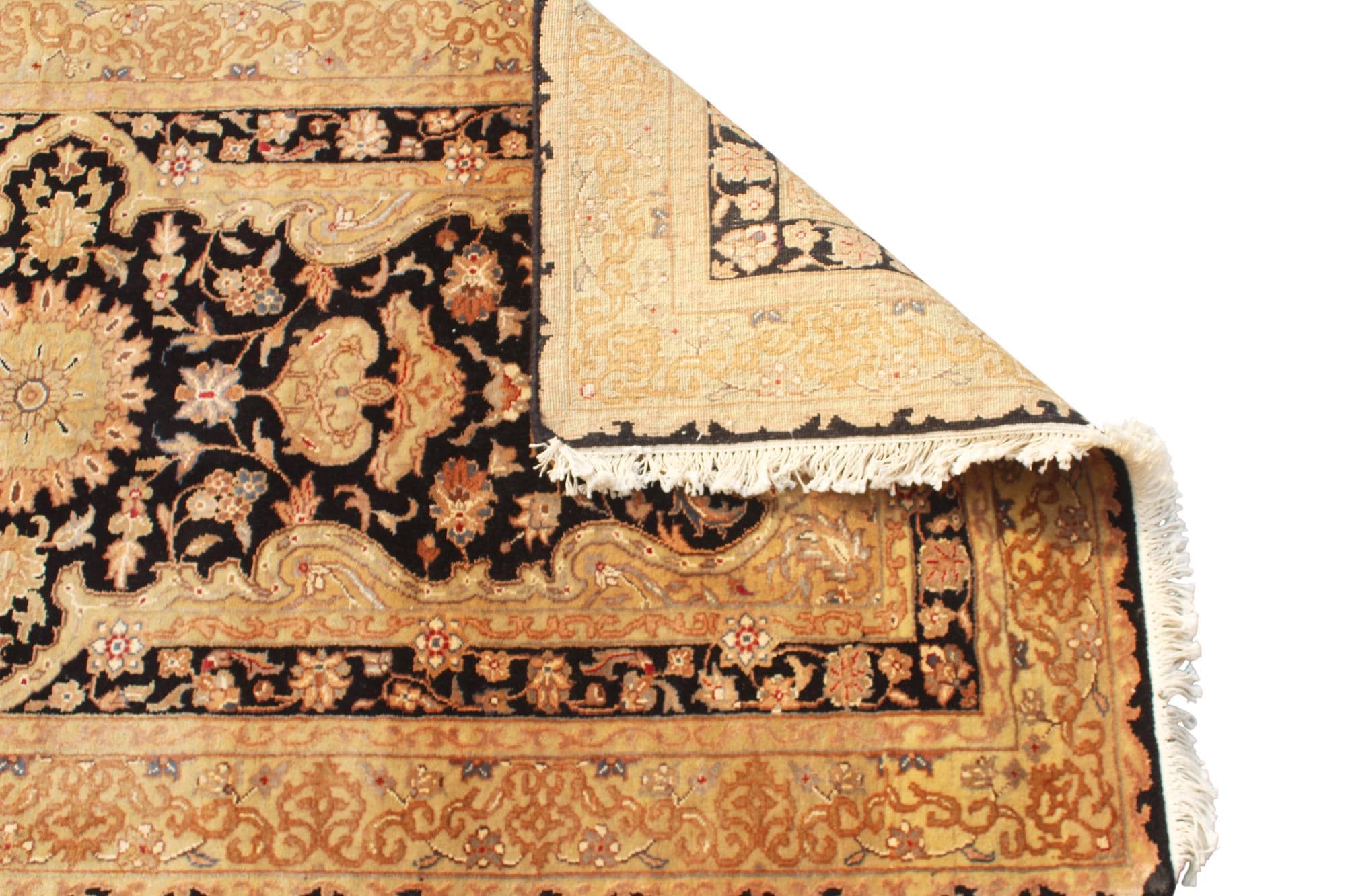 Antique 14 ft Tabriz style Runner, Black & Gold Oriental Hallway Runner, Traditional Persian Gallery Rug