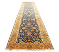 20ft Oversized Hallway Runner Rug, Antique Medallion Navy Gold Wool Gallery Rug