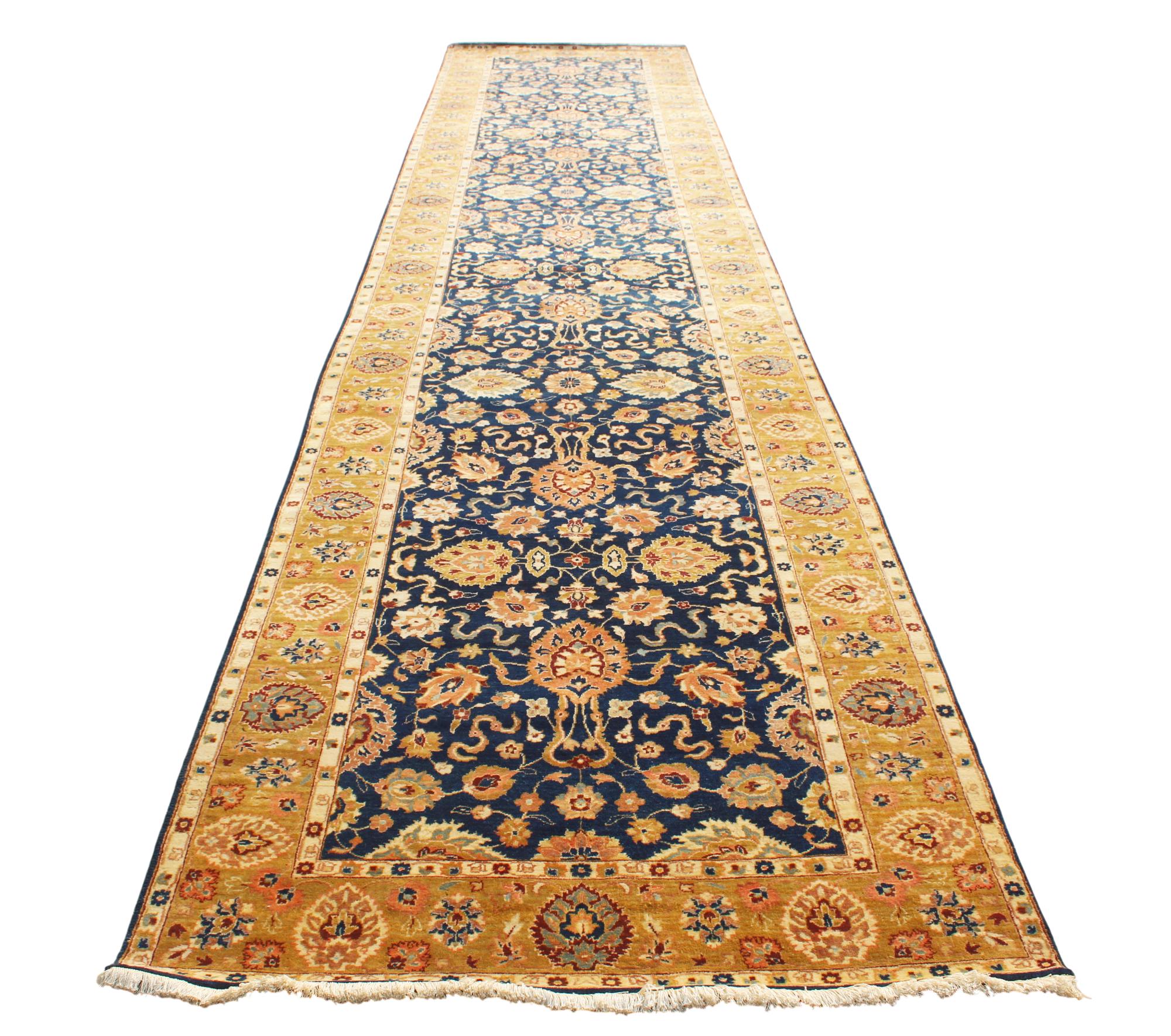 20ft Oversized Hallway Runner Rug, Antique Medallion Navy Gold Wool Gallery Rug