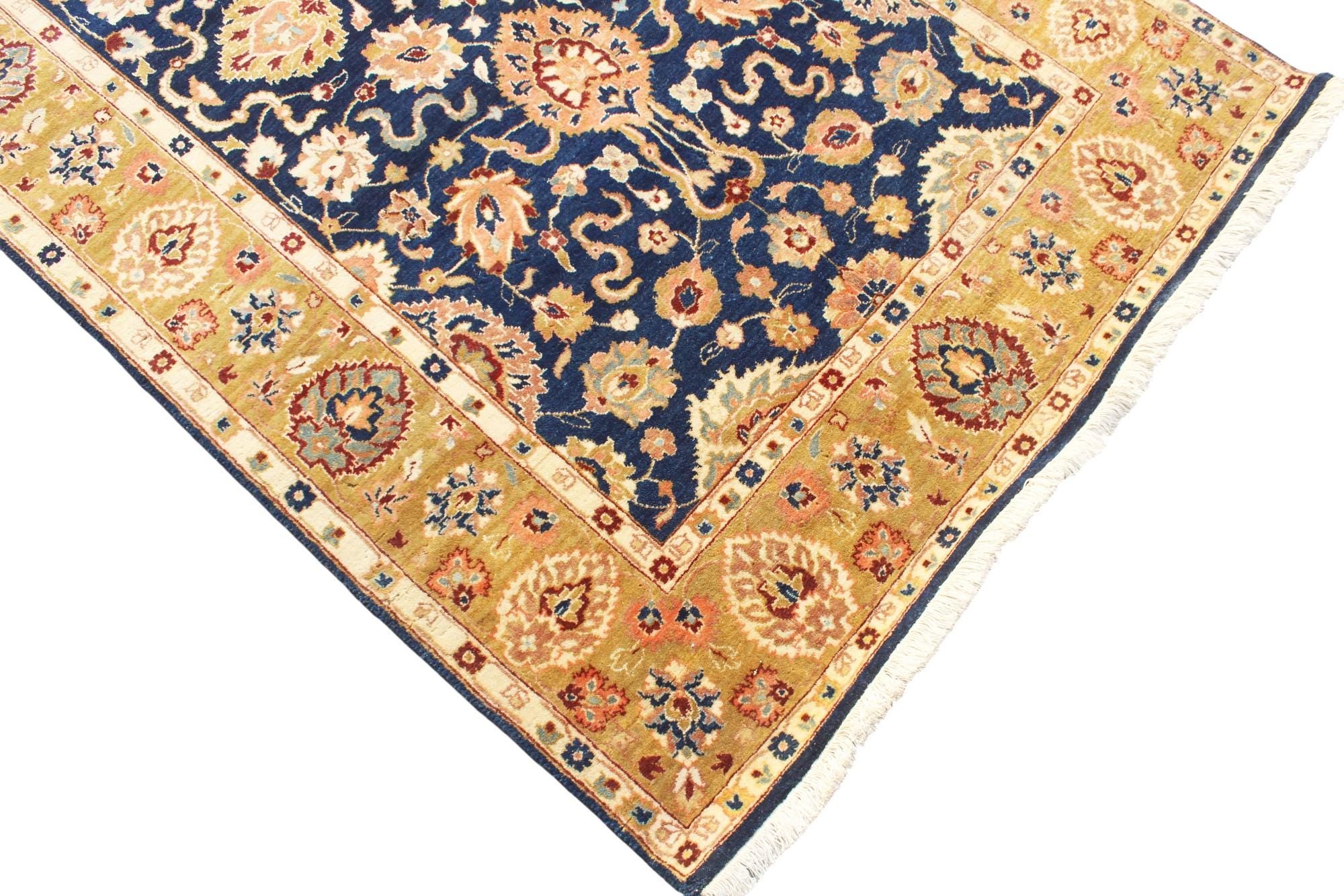 20ft Oversized Hallway Runner Rug, Antique Medallion Navy Gold Wool Gallery Rug