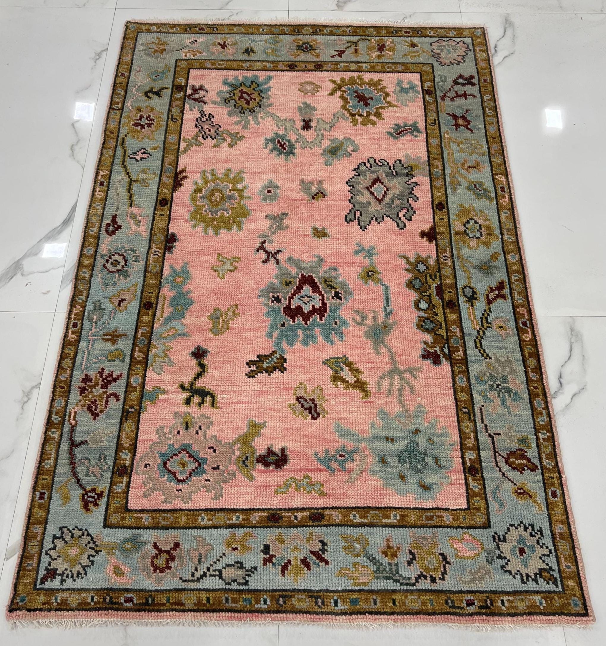 Multicolor Indian Handmade Luxurious Oushak Rug 4x6, 5x8, 6x9, 8x10, 9x12, 10x14 ft Hand knotted Pink Blue Wool Rugs for Living Room,Bedroom