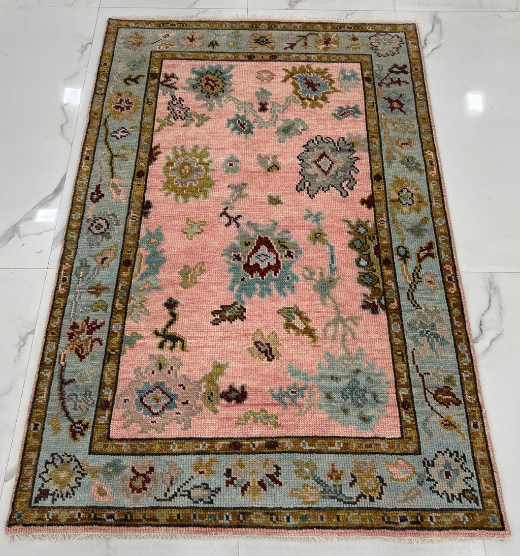 Hand knotted pink Oushak Rug – Custom Pastel Pink & Sky Blue