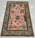 Hand knotted pink Oushak Rug – Custom Pastel Pink & Sky Blue